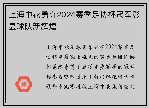 上海申花勇夺2024赛季足协杯冠军彰显球队新辉煌